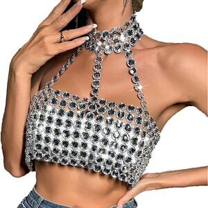 Women First Silver Bling Rhinestone Crop Corset Chain Festival Tank Top